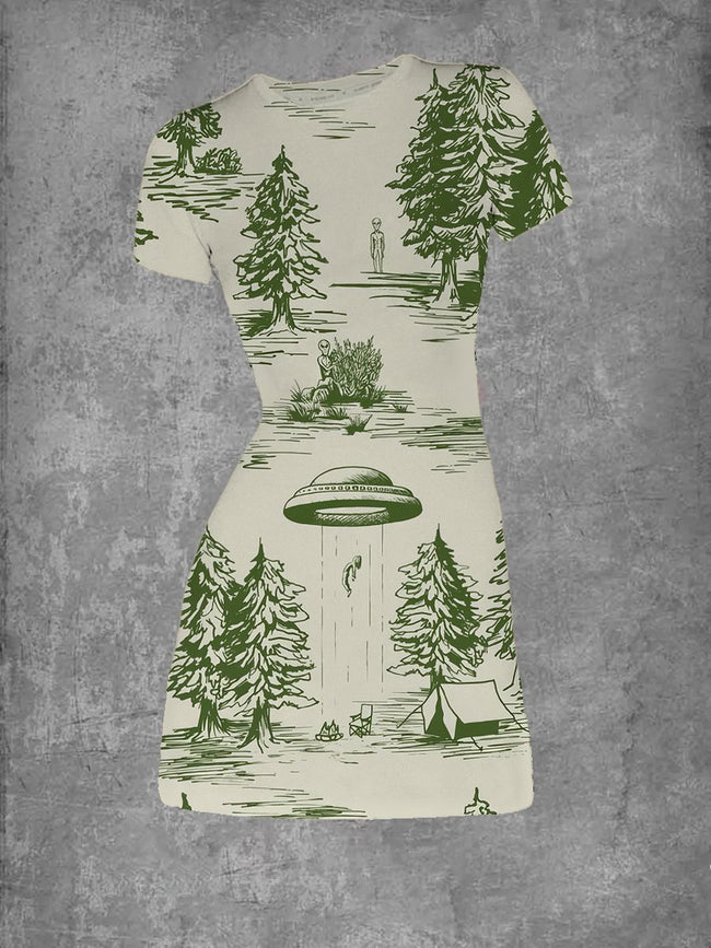 Women's Alien Abduction Print Crew Neck T-Shirt Dress