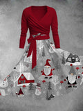 Women's Vintage Christmas Gnomes Print Two-Piece Dress