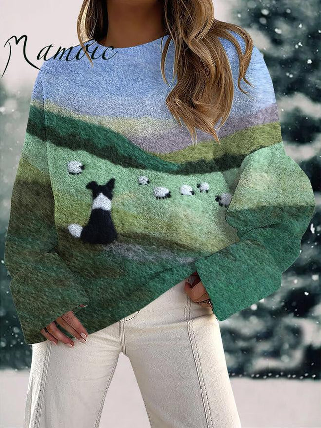 Women's Felt Border Herders and Sheep Print Fuzzy Knit Casual Pullover Sweaters