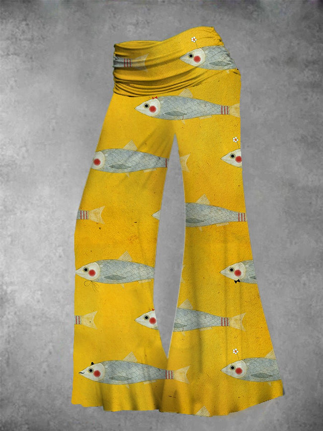 Women's Vintage Fish Art Print Wide Leg Pants