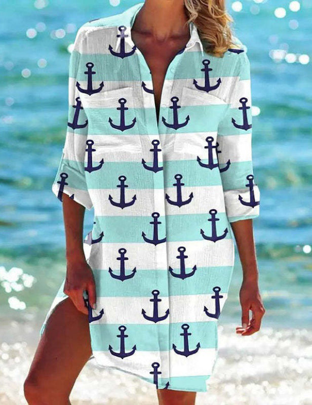 Women's Boat Anchor Print Beach Shirt Dress