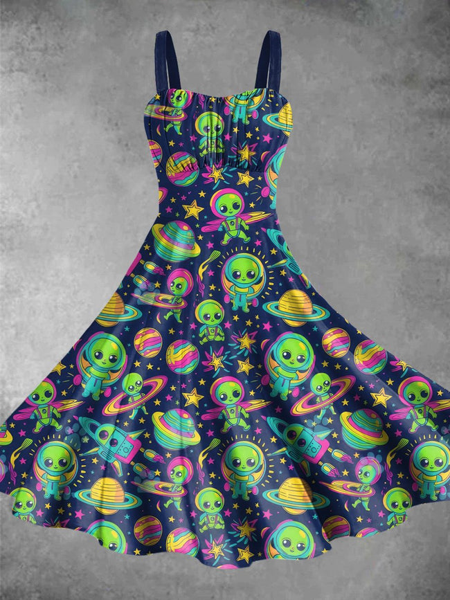 Vintage Alien Space Print Backless Dress