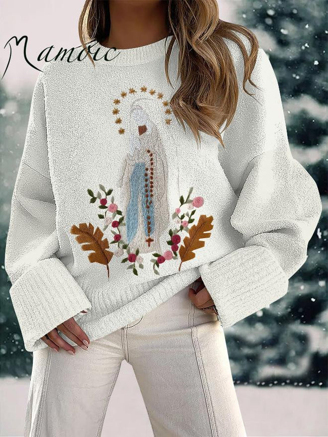 Women's Christian Our Lady Floral Christian  Embroidery Print Fuzzy Knit Casual Pullover Sweaters