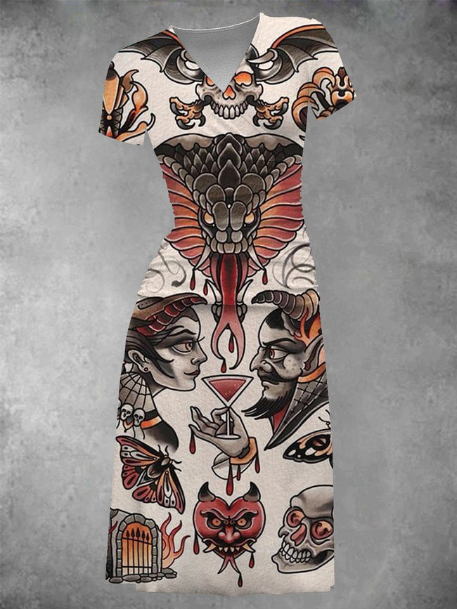 Women's Vintage Cobra Tattoo Print Midi Dress
