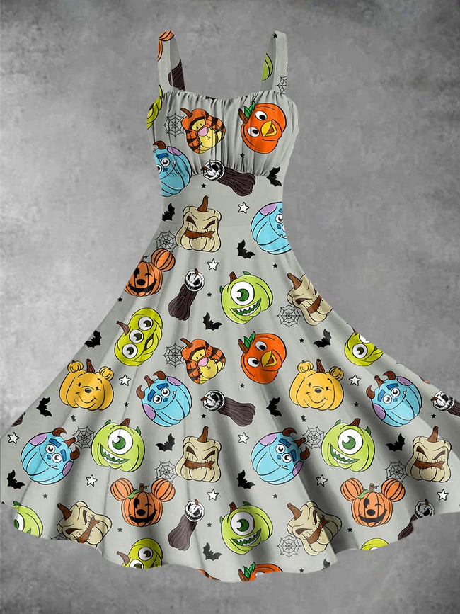 Vintage Halloween Cute Pumpkin Print Backless Dress