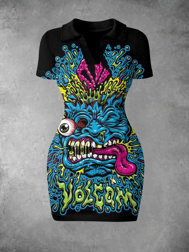 Women's Vintage Zombie Halloween Print Ribbed Bodycon Mini Dress