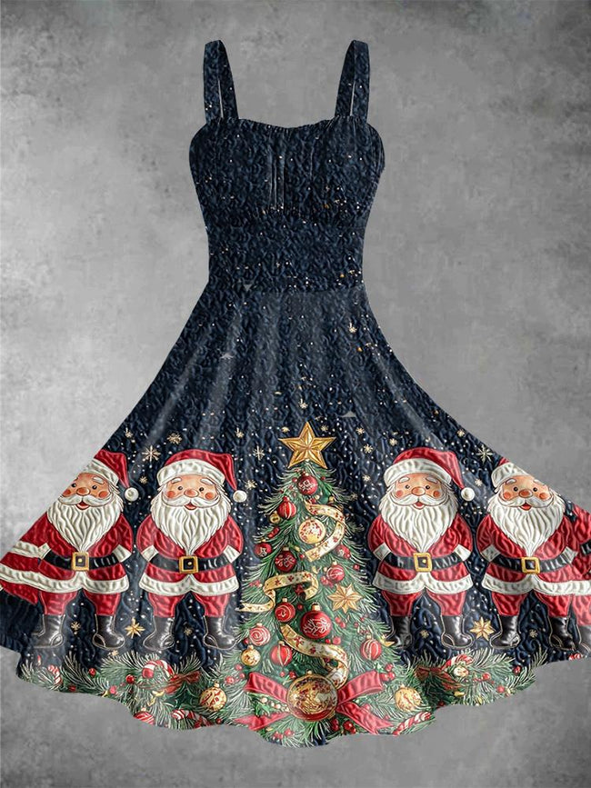 Vintage Santa And Christmas Tree Print Halter Dress