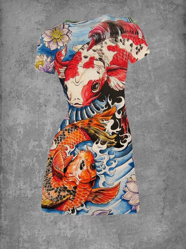 Women's Vintage Koi Fish Print Crew Neck T-Shirt Dress