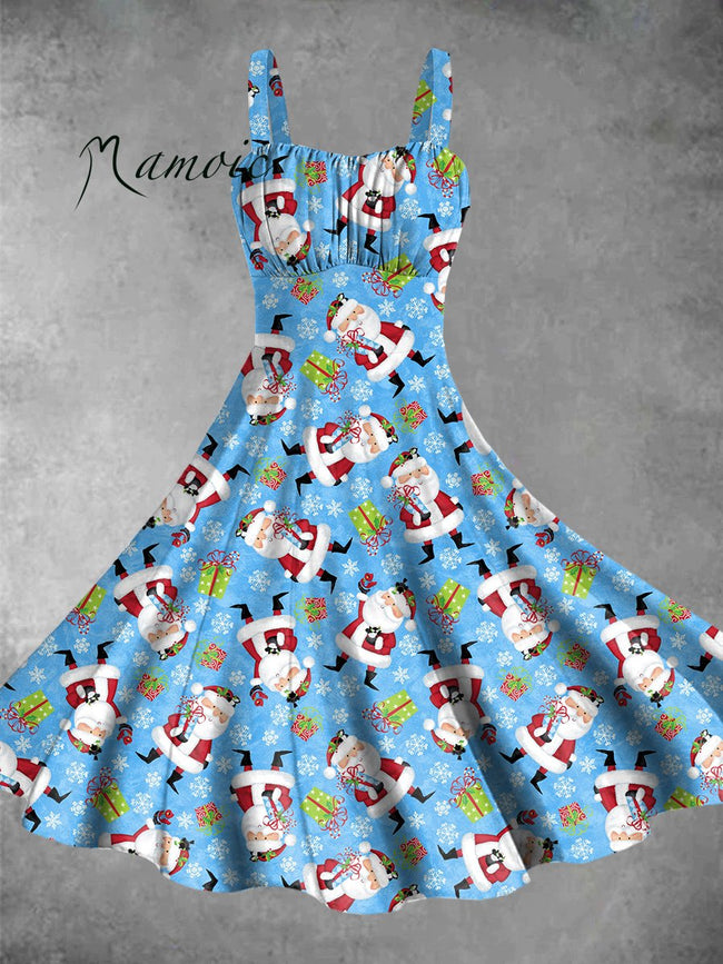 Vintage Christmas Santa Print Backless Dress