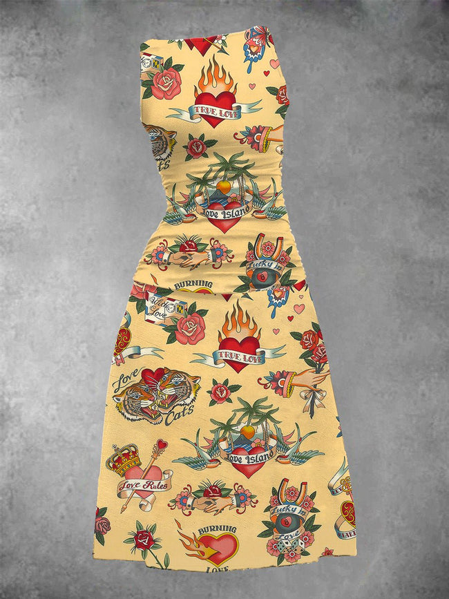 Women's True Love Vintage Tattoo Print Maxi Dress