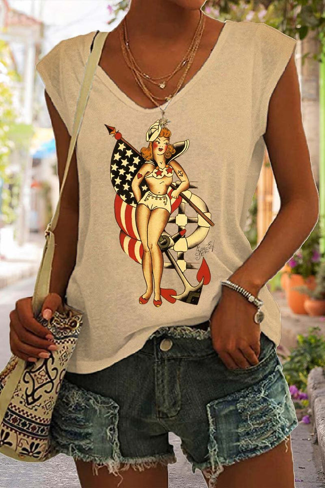 Women's Vintage America Girl Graphic Sleeveless Tank Top