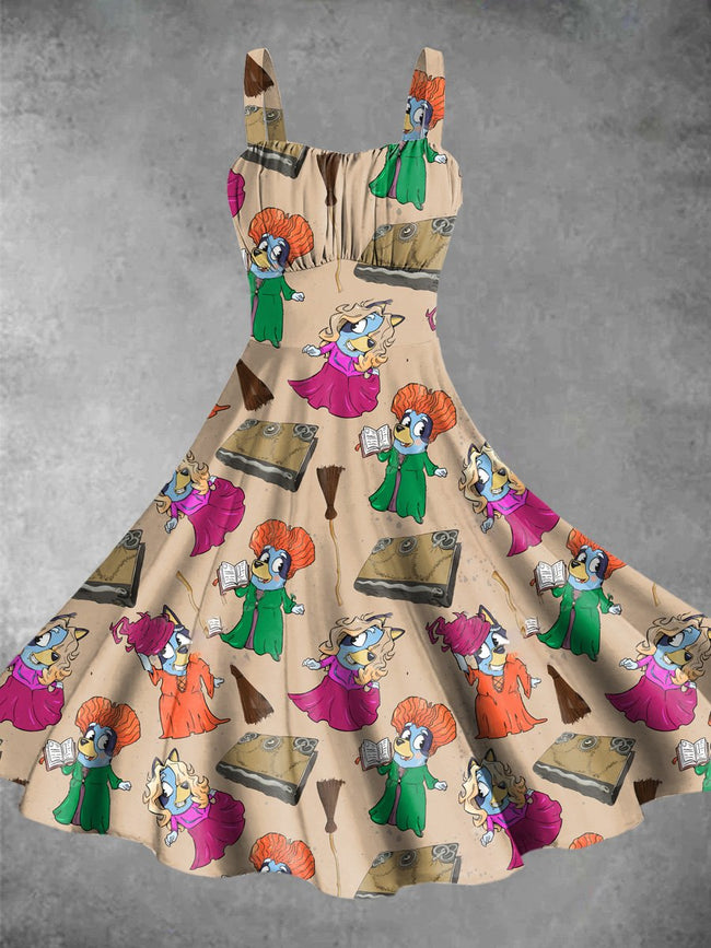 Vintage Cute Cartoon Halloween Print Backless Dress