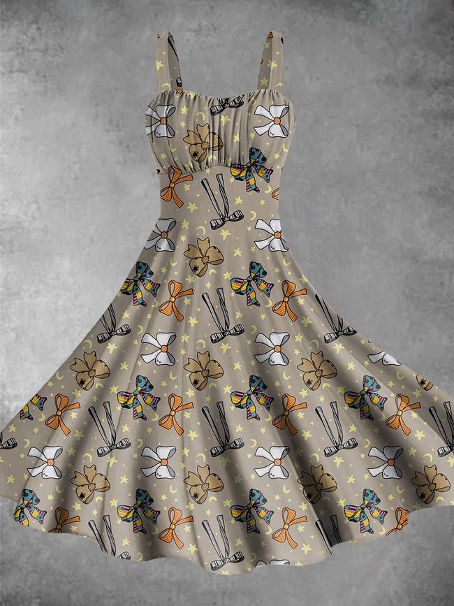 Vintage Halloween Nightmare Bowknot Print Backless Dress