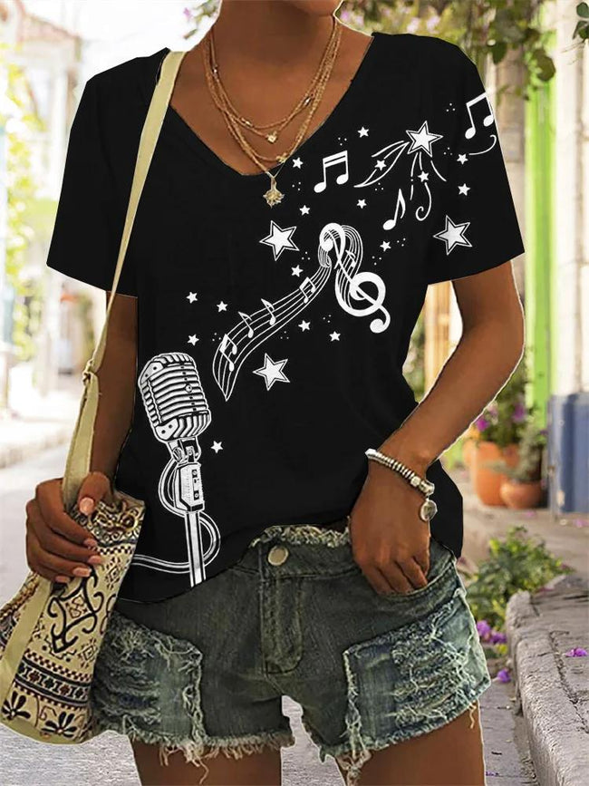 Women's Microphone And Music Notes Print Casual T-shirt