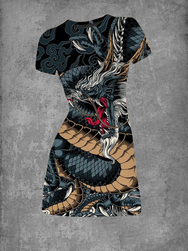 Women's Vintage Dragon Print Crew Neck T-Shirt Dress