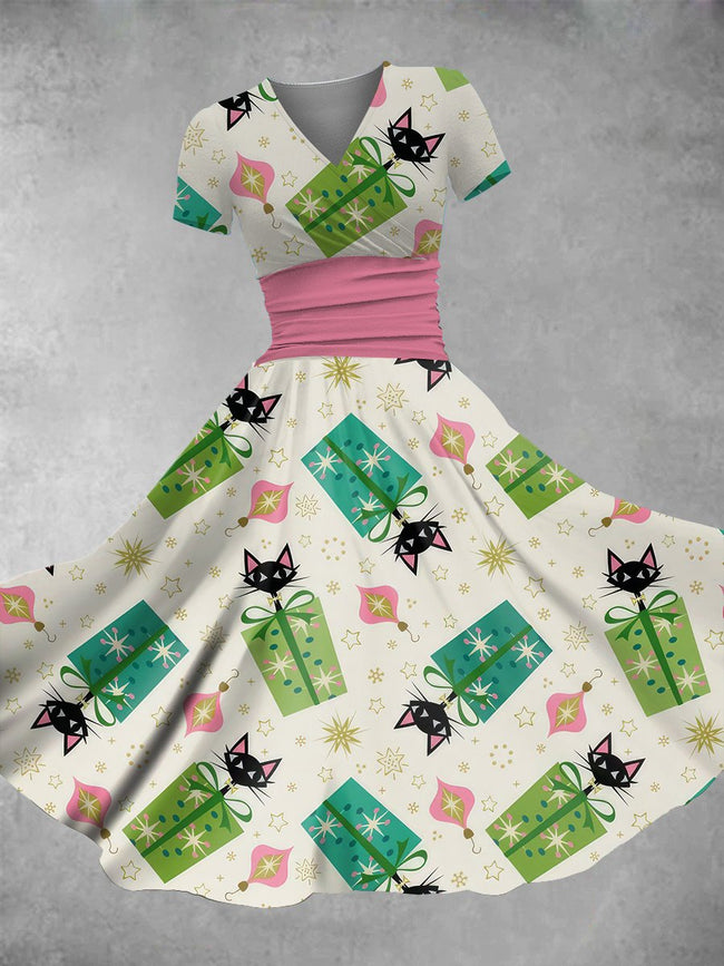 Women's Vintage Christmas Cute Cat Print Maxi Dress