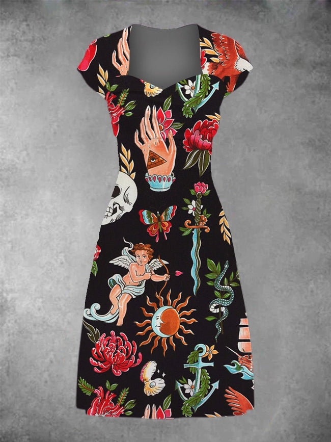Women's Vintage American Traditional Tattoo Print Patchwork Casual Midi Dress