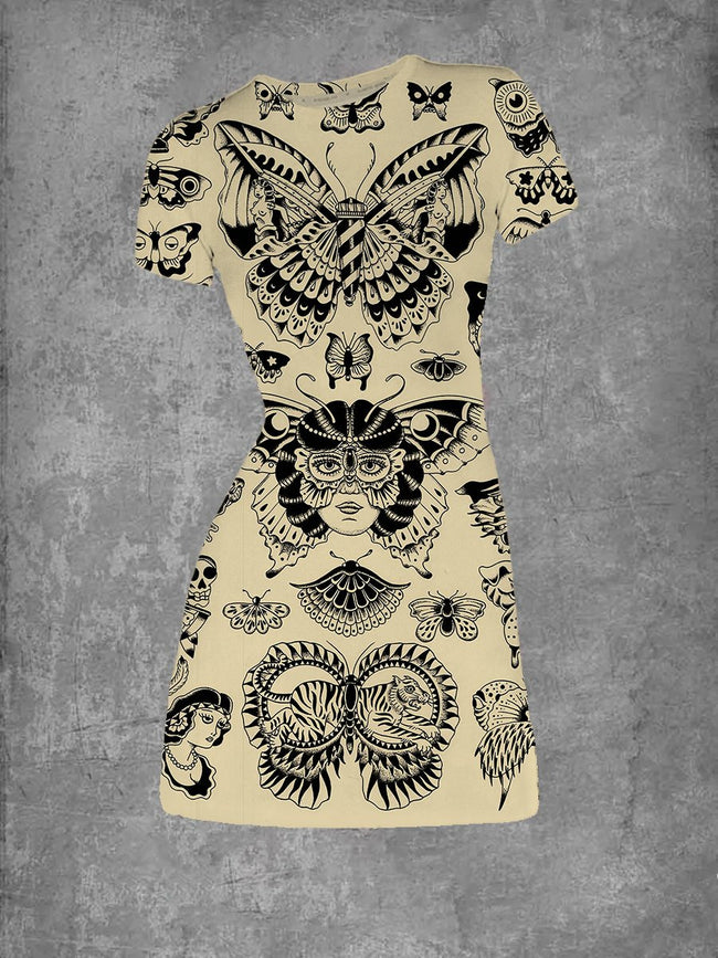 Women's Vintage Butterfly Print Crew Neck T-Shirt Dress