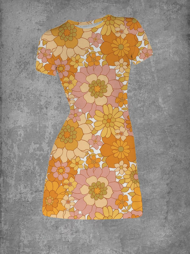 Women's Retro Floral Print Crew Neck T-Shirt Dress
