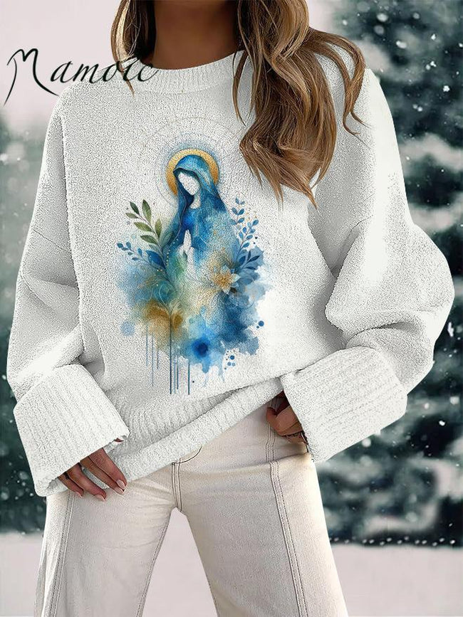 Women's Virgin Mary Print Fuzzy Knit Casual Pullover Sweaters