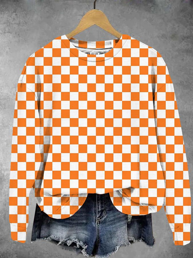 Orange Plaid Print Sweatshirt