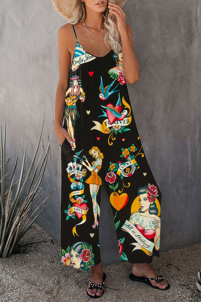 Vintage Always Love Girls Print Wide leg Jumpsuit with Pockets