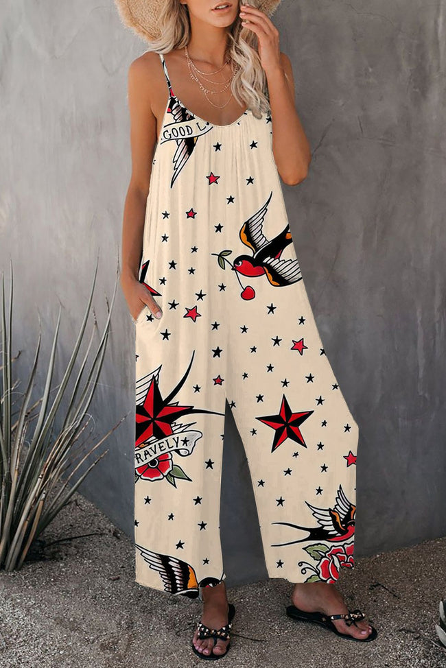 Vintage Old School Tattoo Print Wide leg Jumpsuit with Pockets