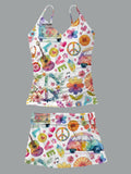 V-Neck Retro Peace And Love Floral Print Suspender Skirt Tankini Pantskirt Set Swimsuit