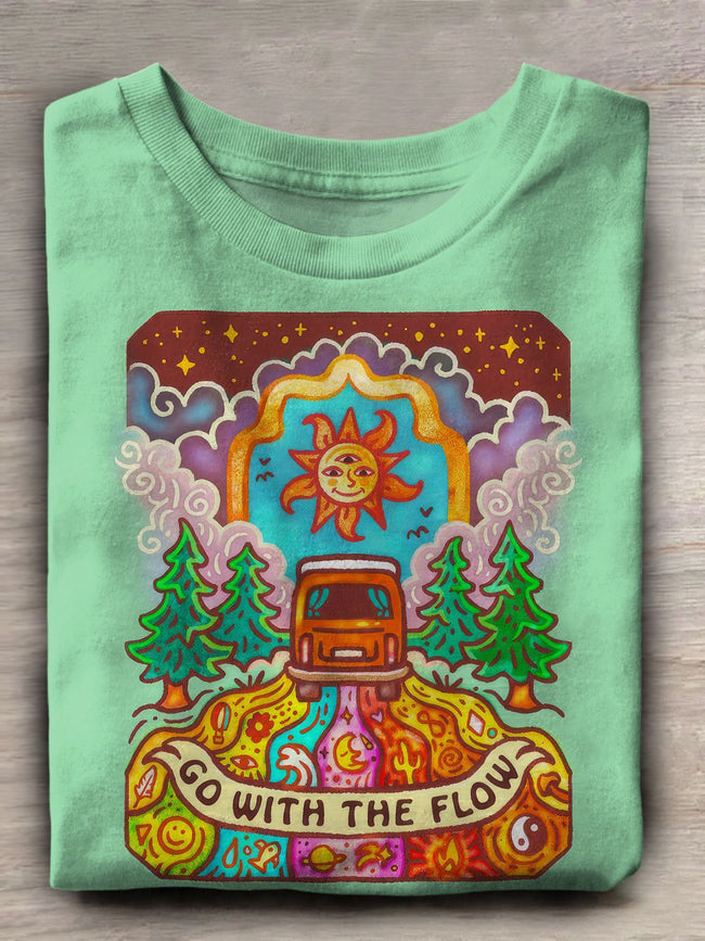 Vintage Hippie Beetle Bus Print Crew Neck T-shirt