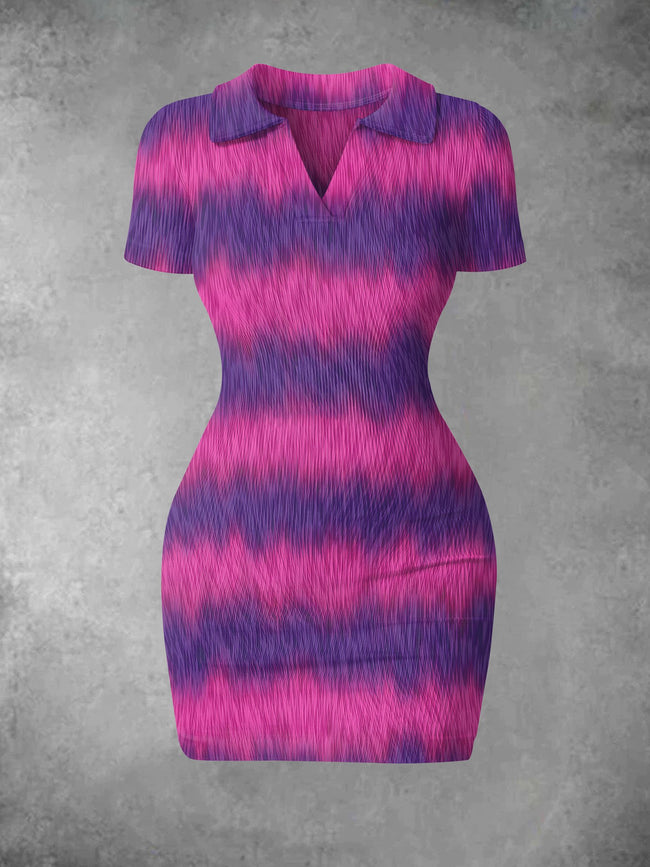 Women's Vintage Wonderland Cat Stripe Print Ribbed Bodycon Mini Dress