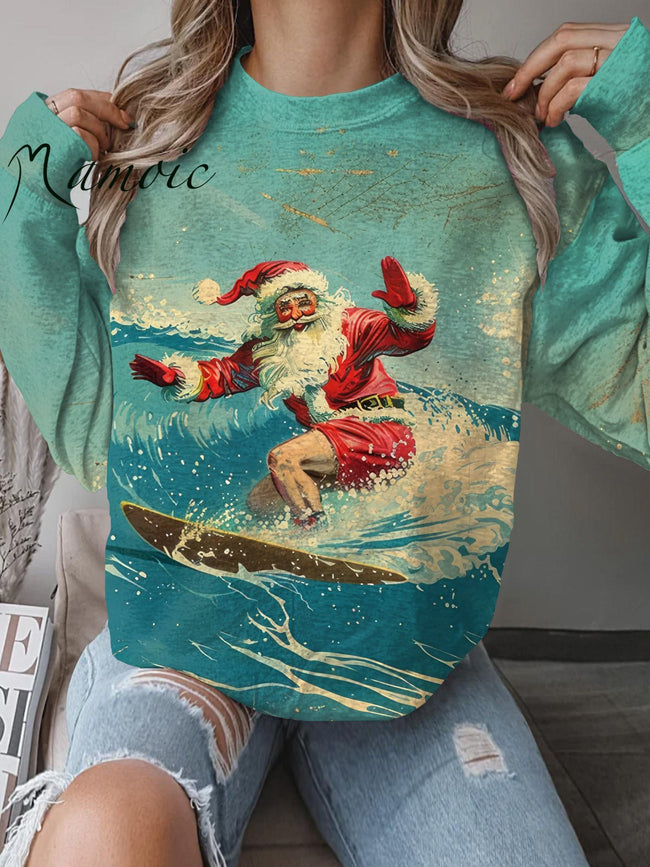 Vintage Santa Surfing Print Sweatshirt