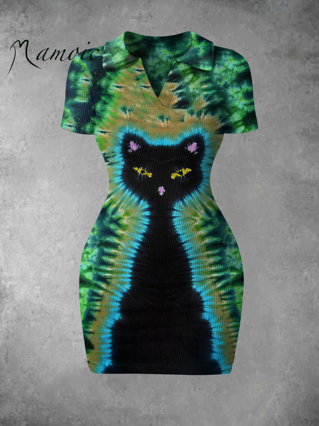 Women's Vintage Batik Kitten Art Print Ribbed Bodycon Mini Dress