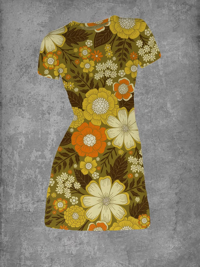 Women's Vintage Floral Print Crew Neck T-Shirt Dress