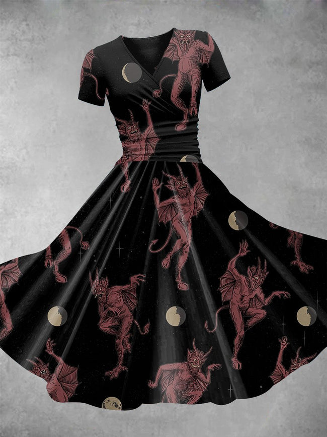 Women's Vintage Dancing Demon Print Maxi Dress