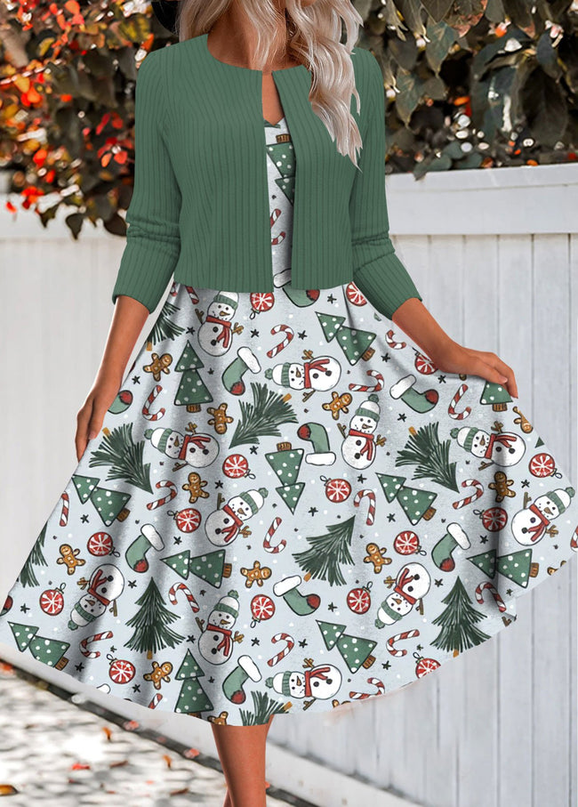 Vintage Christmas Print Two Piece Dress and Cardigan