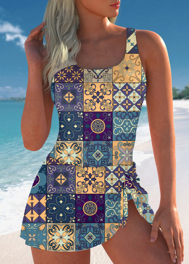 Women’s Retro Hippie Style Boho Color Block Print One Piece Swimdress