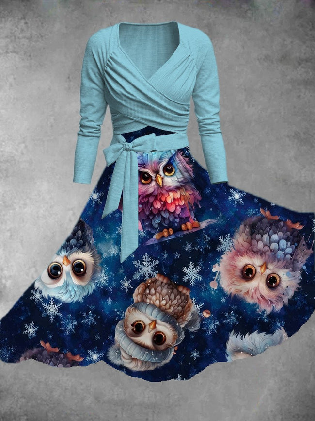 Women's Vintage Cute Owl Print Two-Piece Dress