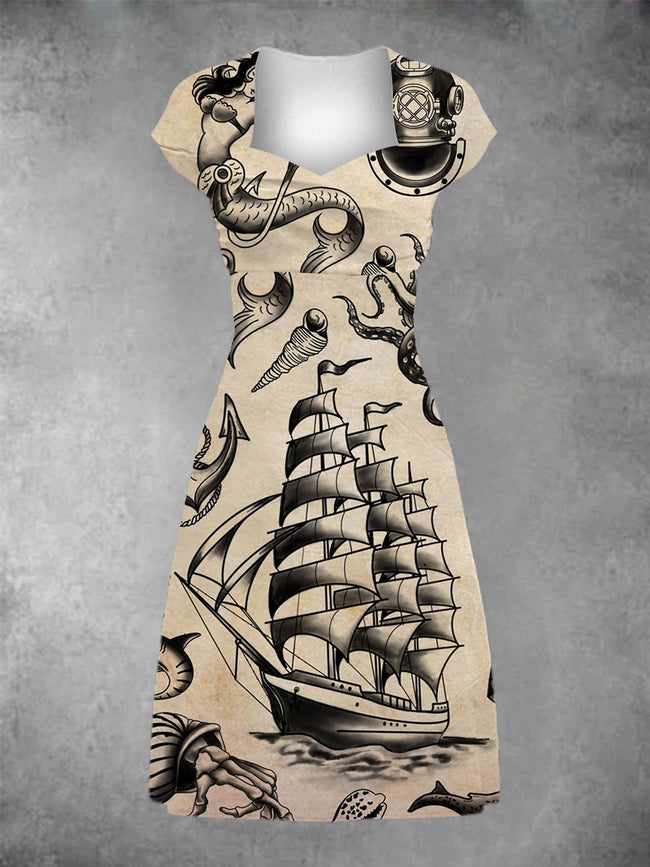Women's Vintage Sailor Jerry Traditional Tattoo Patchwork Casual Midi Dress