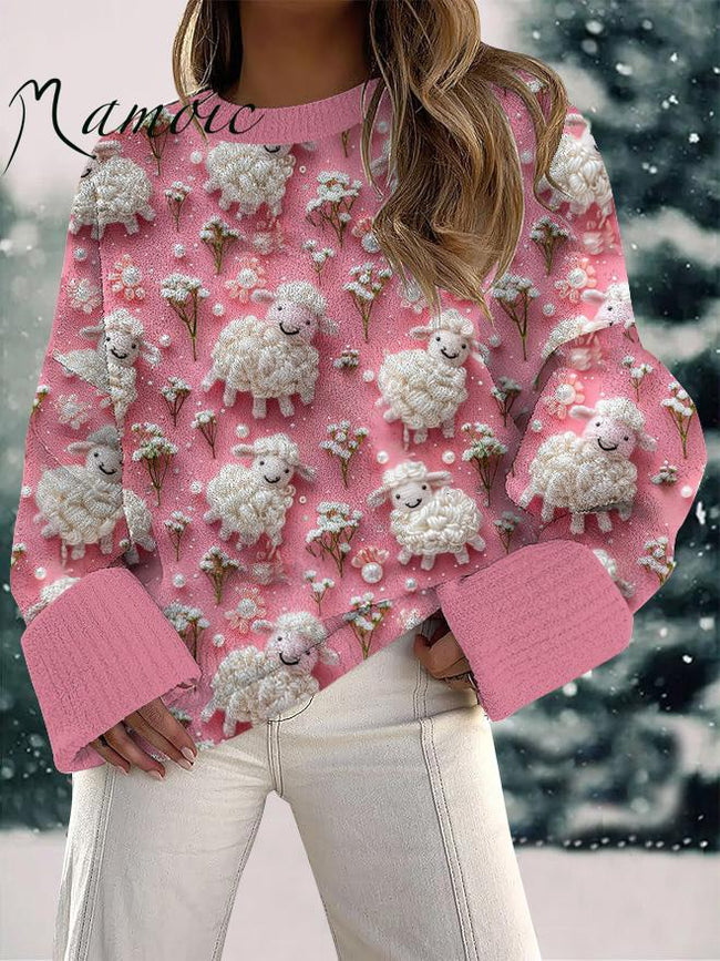 Women's Three-Dimensional Sheep Print Fuzzy Knit Casual Pullover Sweaters