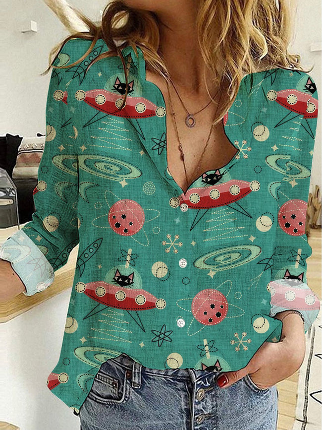 Vintage Space Cat Print Casual Long Sleeve Shirt