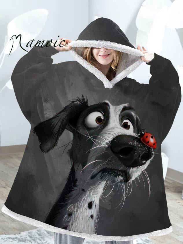 Retro Hound Dog and Ladybug Print Oversize Flannel Hoodie Blanket