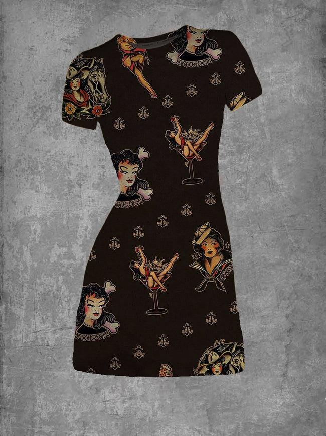 Women's Vintage Sailor Jerry Tattoo Print Crew Neck T-Shirt Dress
