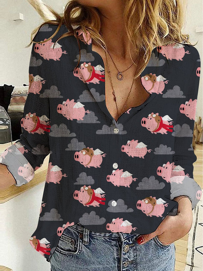 Fun Flying Pig Print Casual Long Sleeve Shirt
