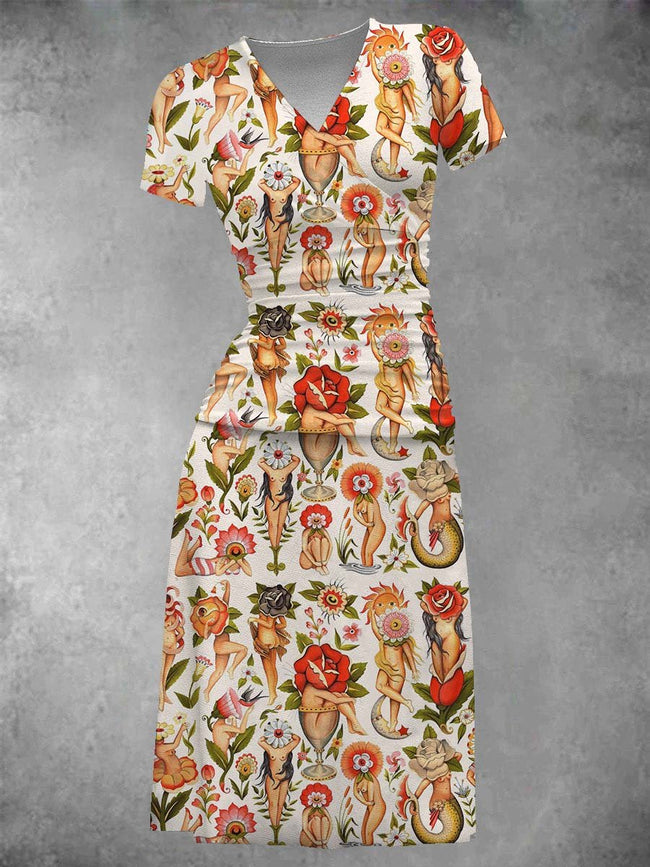 Women's Vintage Women Body Tattoo Print Midi Dress Set