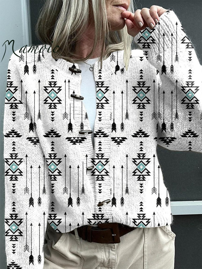 White Vintage Aztec Print Buttoned Cardigan Sweater