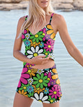 Women’s V-neck Vintage Floral Print Suspender Skirt Tankini Set Swimsuit