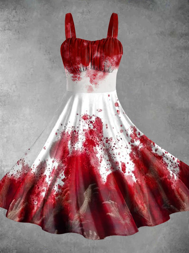 Vintage Halloween Blood Print Backless Dress