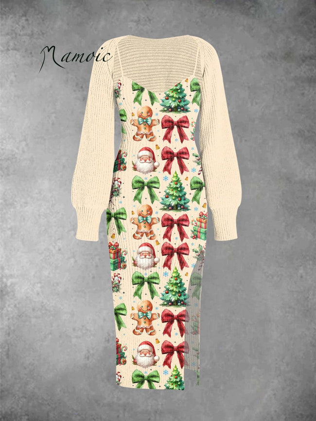 Vintage Santa Claus Print Knit Cami Split Midi Dress & Crop Top