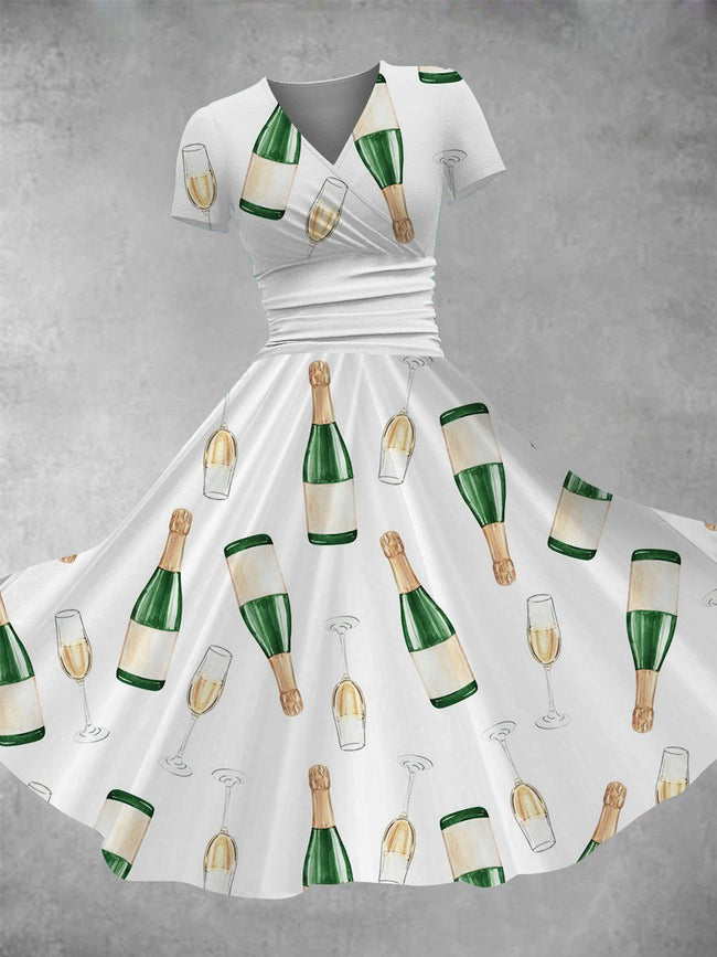 Women's Vintage Champagne Bottle Print Maxi Dress