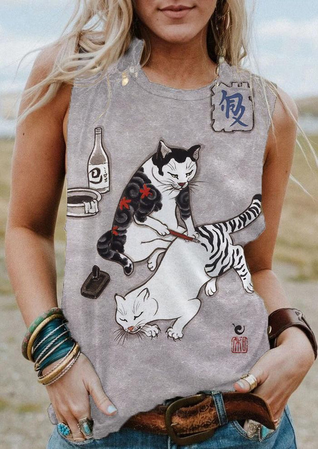 Women's Vintage Japanese Cats Tattoo Print Tank Top